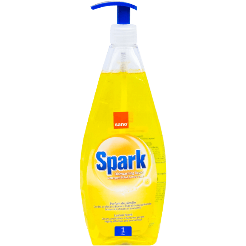 Detergent lichid pentru vase Sano Spark lămâie, 1 litru, cu pompiță
